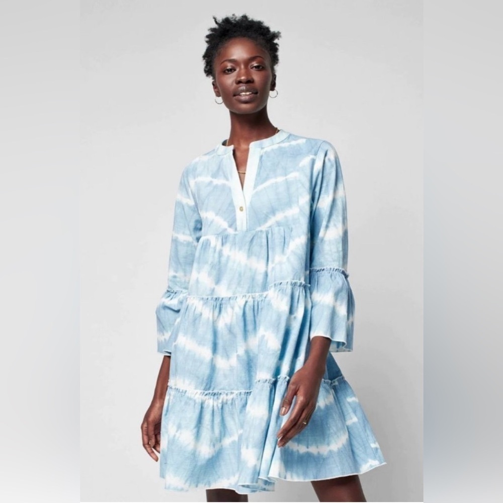 Faherty | Vida Dress Blue Tie-Dye Tiered Swing 3/4 Sleeve Organic Cotton Sz Xs